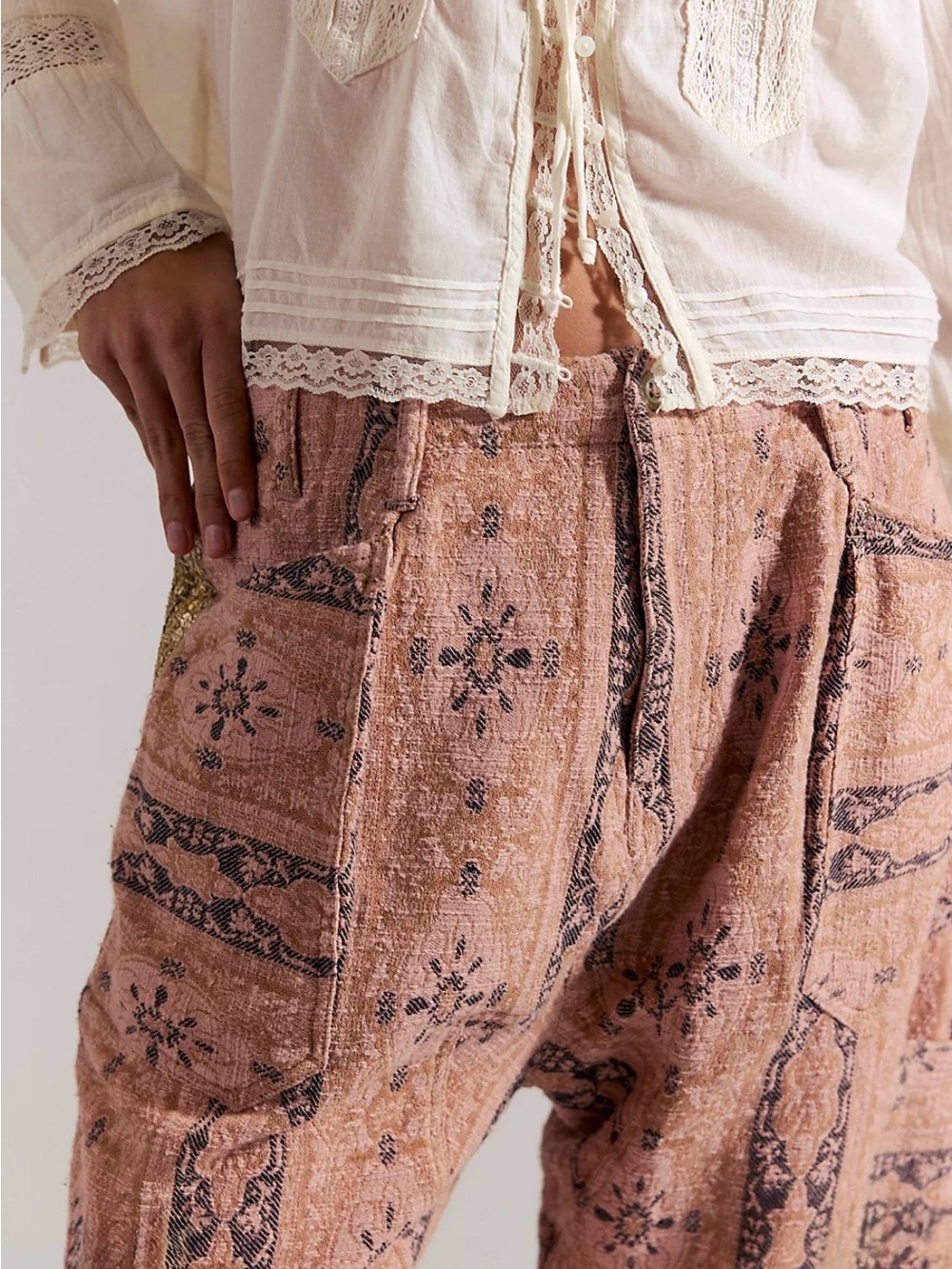 Free People Rose-Tan Printed Slouchy Straight-Leg Pants - Picture 4 of 10